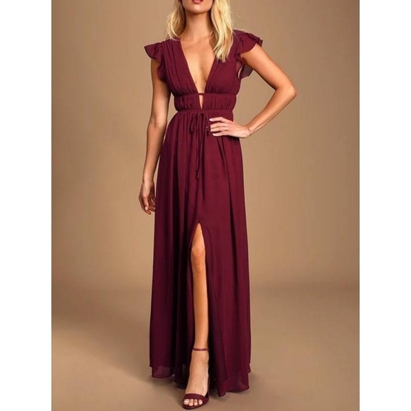 🆕 Lulus I'm All Yours Burgundy Ruffled Maxi Dress Size XS - Picture 1 of 11